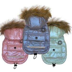 Foufoudog Fur Trimmed Dog Coat Parka Puffer Iridescent Blue Size Small